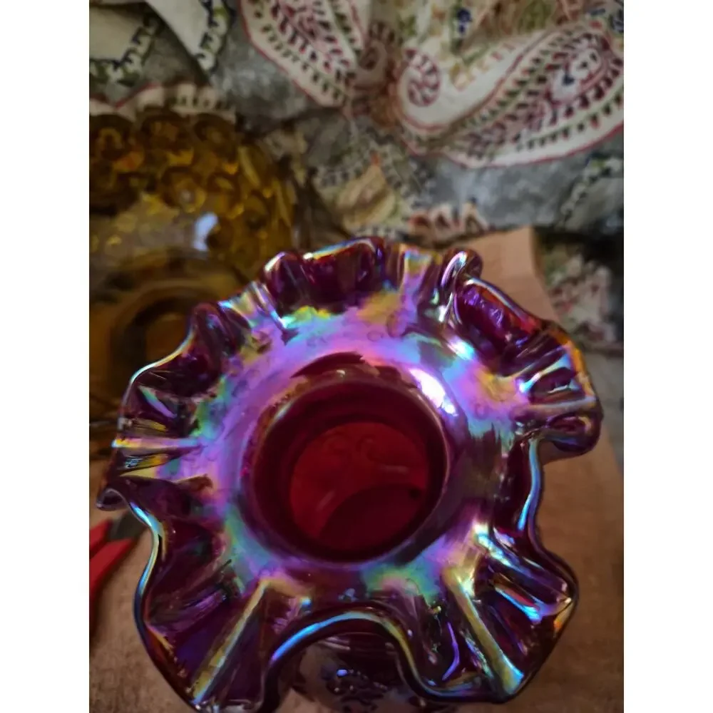 Vintage Fenton Carnivsl Glass Drape And Scroll Ruffled Vase With Embossed Scroll